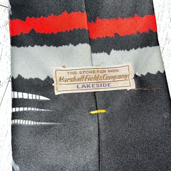VTG Marshall Field & Company Mens Geometric Print Neck Tie Black Red Gray Yellow - Picture 3 of 10